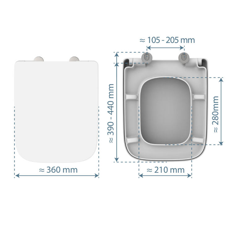 Vit toalettsits E-formad universal i Duroplast - BĂST. CC-mĂ„tt: 105-205mm LĂ€ngd: 390-440mm Bredd: 360mm.