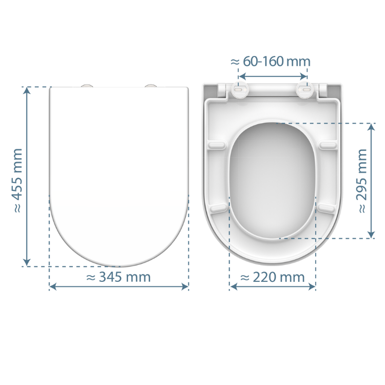 Vit toalettsits D-formad universal i Duroplast - BÄST. CC-mått: 60-160mm Längd: 425-480mm Bredd: 345mm.